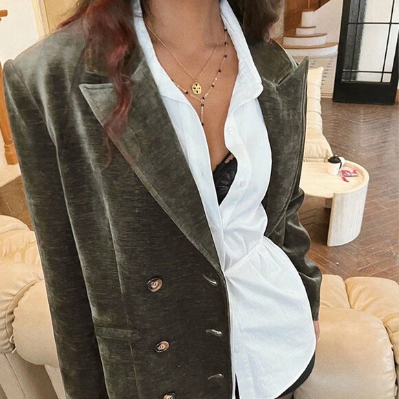 Dark Green Elegant Women's Velvet Blazer - Picture 6 of 6